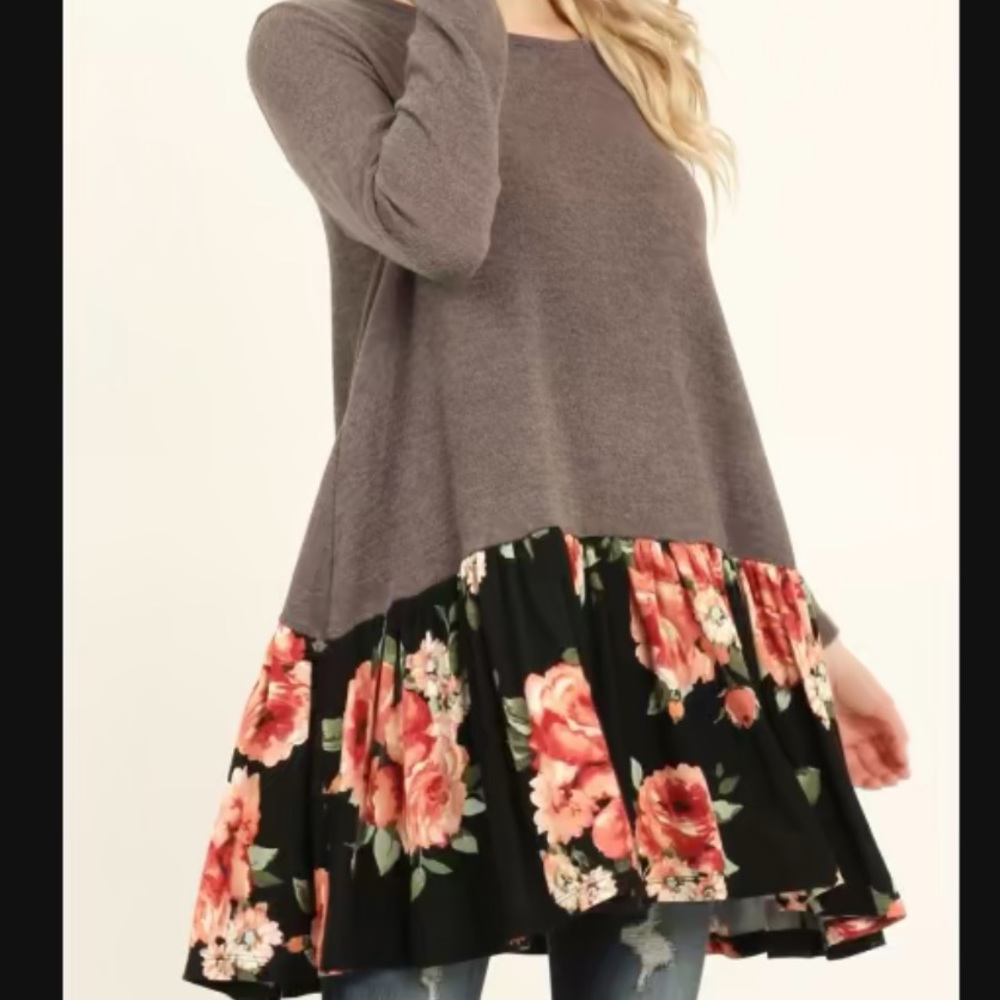 Brown/Grey top with flowy floral bottom